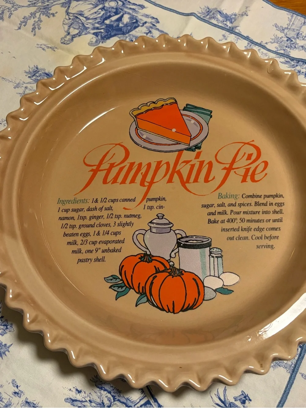 Vintage Pumpkin Pie Plate with Recipe Inside